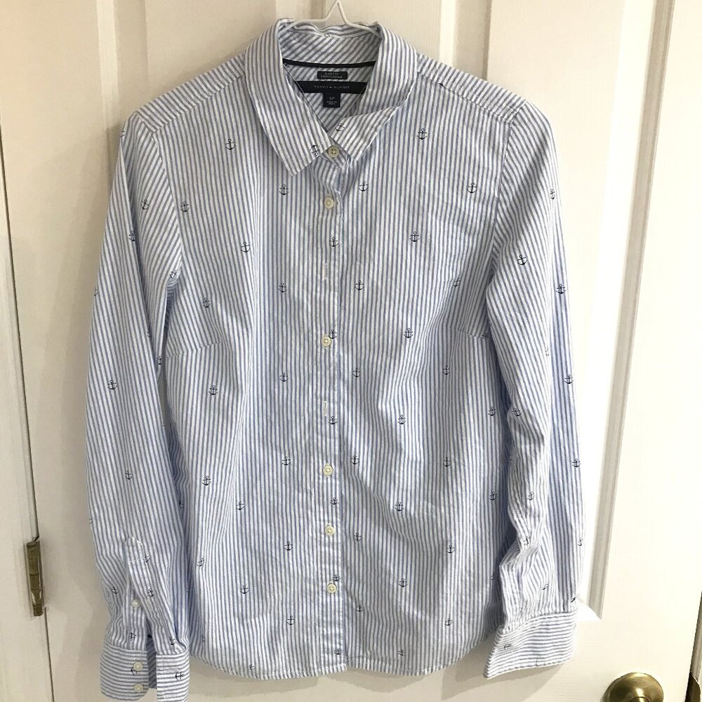 Tommy Hilfiger Blue White Pinstripe Nautical Anchors S